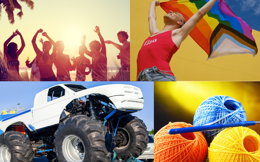 From upper left to lower right: People on beach; person holding Pride flag; monster truck on top of car; yarn ball and crochet needle.