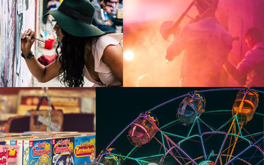 Artist painting, musician playing instrument, comic books and Ferris wheel.